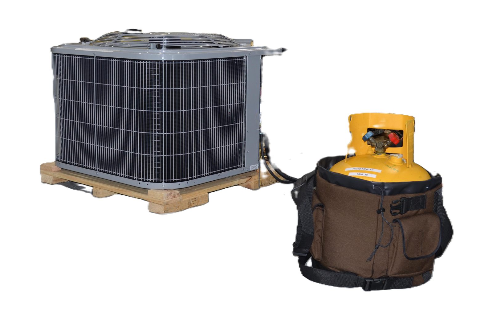 The Tank Cooler holding a refrigerant recovery cylinder beside a residential condensing unit